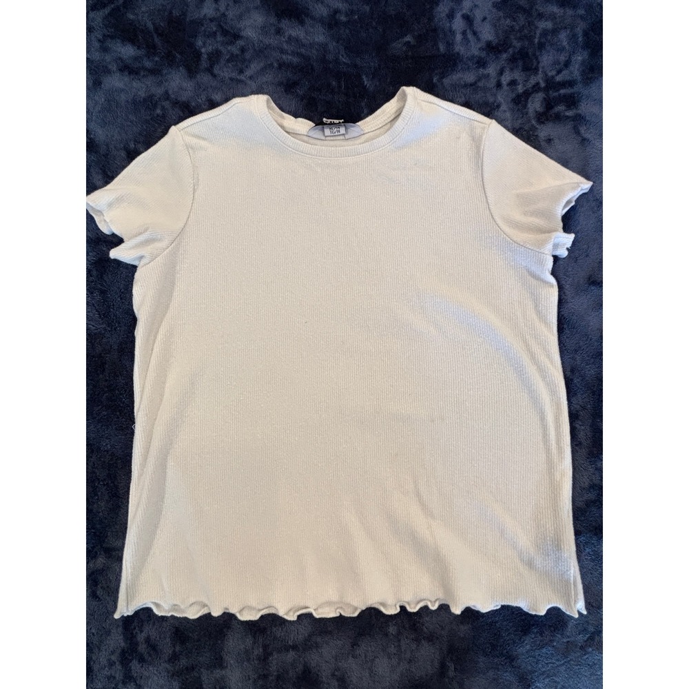 Athleta Girl Ribbed Lettuce Edge Short Sleeve Top White XL 14 Crew Neck Tee